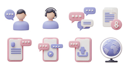 Vibrant collection of 3D rendered icons illustrating concepts of global communication, customer assistance, and digital messaging on mobile devices