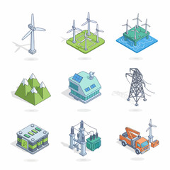 Isometric icons set of energy resources, including wind turbines, solar panel house, hydro energy. Flat design, line art.