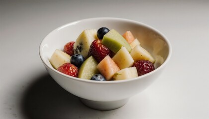 Colorful fruit salad in a white bowl on a light background