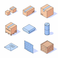 Isometric delivery icon set with box, crate, and envelope in flat vector line art style