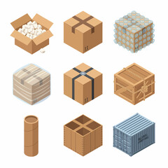 Fototapeta premium Isometric icon set of shipping containers, cardboard boxes, wooden crates, and packaging in flat vector style.