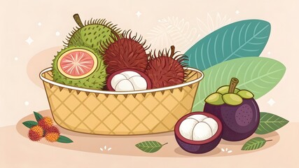 Colorful Tropical Fruits in a Woven Basket with Green Leaves