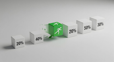 Green cube with running figure leaps ahead of other percentage blocks, symbolizing progress and success