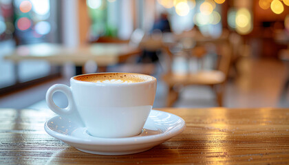 Fototapeta premium Strong espresso with golden crema, placed on white saucer, cozy café background, high resolution