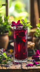 Vibrant Herbal Drink with Floral Garnishes in Natural Light
