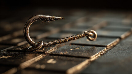 A close up of a fishing hook laying on a black computer keyboard keys