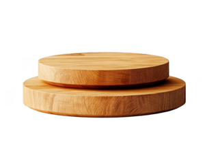 Two round wooden trays are stacked on each other on transparent background
