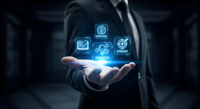 Businessman presents key business concepts knowledge innovation strategy growth with glowing icons in hand