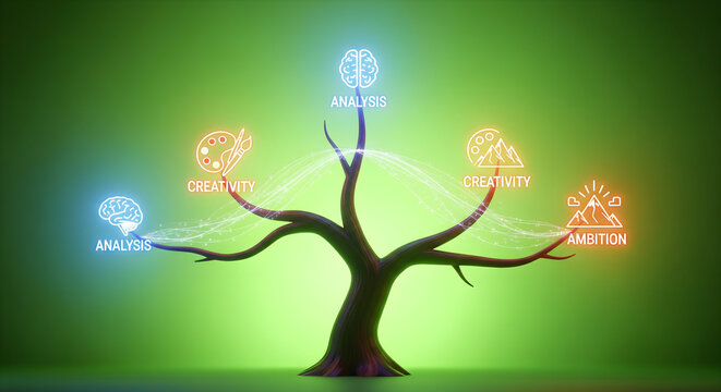 Unlock your potential with analysis creativity and ambition a vibrant tree of growth concept