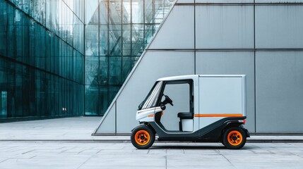 Electric delivery van parked in front of modern glass building