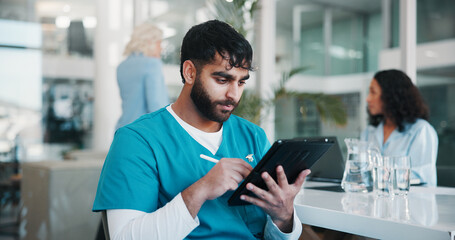 Medical, people and man in office with tablet, checklist and app for patient results....