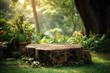 Rustic wooden podium or tree stump table in a lush green garden with soft sunlight filtering through the trees. A perfect natural backdrop for product display, food photography, or outdoor themed