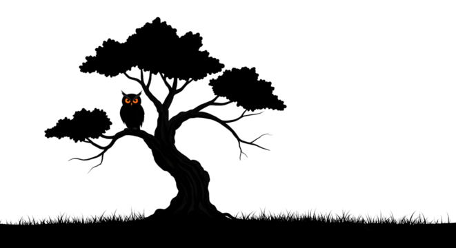 Eerie owl with glowing eyes perched on a tree branch under the moonlight casting a spooky shadow