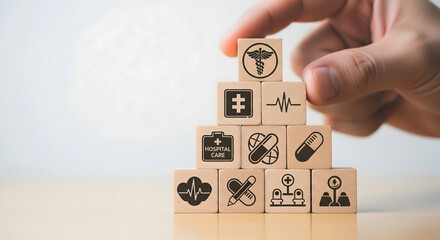 Building blocks of healthcare innovation and patient care stacked in a pyramid