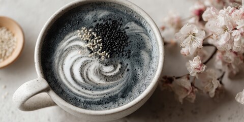 Stylish black sesame latte with cherry blossoms and foam art