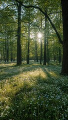 Obraz premium Golden sunlight filters through lush forest canopy creating beautiful light rays over green ground