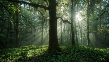 Fototapeta premium Sunlight streams through dense forest canopy illuminating lush green foliage and ancient trees
