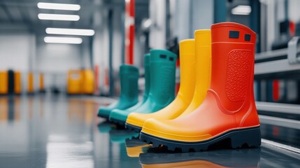 Fototapeta premium Row of Colorful Rubber Boots in Factory Setting with Green Yellow and Orange Protective Footwear on Shiny Reflective Surface