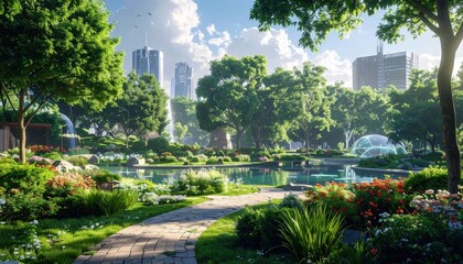 Fototapeta premium A serene urban park landscape features a tranquil pond, lush greenery, and modern fountains amidst city buildings, creating a vibrant and peaceful atmosphere.
