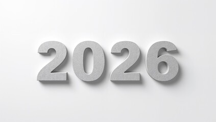 Metallic gray 3d numbers 2026 displayed prominently on a clean surface for future concepts