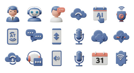 Modern collection of 3D rendered icons for user interface design, illustrating concepts in technology, communication, and AI services