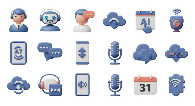 Modern collection of 3D rendered icons for user interface design, illustrating concepts in technology, communication, and AI services