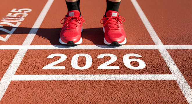 Ready to sprint into 2026 with vibrant red shoes on a track, setting new goals
