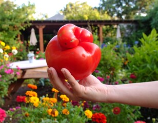 Hand holding a misshapen tomato in a garden