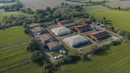 Modern agricultural farm aerial view with buildings green fields sustainable farming enterprise
