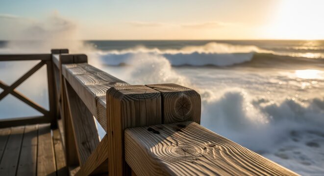 Wooden railing on a pier overlooking a stormy ocean at sunset.