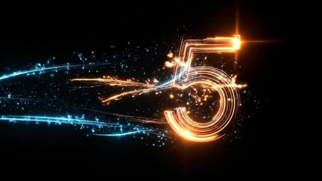 Luminous orange numeral 5 streaks through a black backdrop accompanied by blue streaks and particles