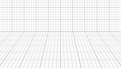 奥行のある方眼紙のような升目のパターンの空間素材