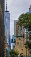 One World Trade Center skyscraper in New York City framed by surrounding buildings