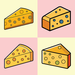 Four Isometric Illustrations of Yellow Cheese Wedges with Holes, Cartoon Style, Cheerful Mood