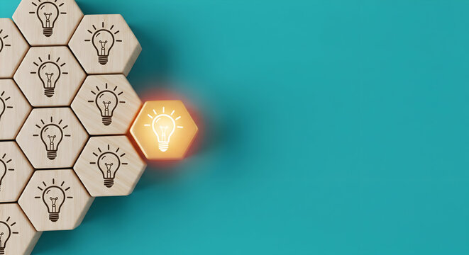 Bright idea hexagon stands out from group, symbolizing innovation and unique solutions