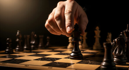 Strategic hand moves black king on chessboard, capturing victory in intense game