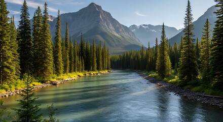 Mountain river through pine forest