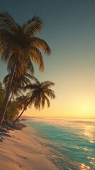 Fototapeta premium Breathtaking Sunset Over Tranquil Beach with Palm Trees and Crystal Clear Water