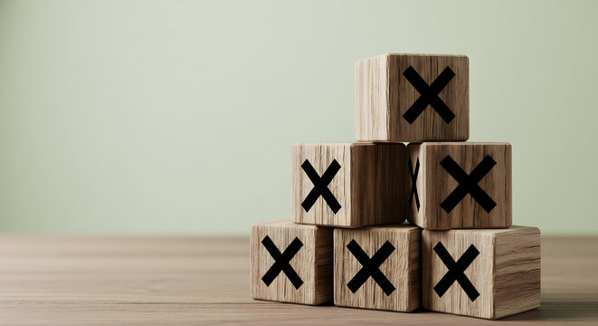 Wooden blocks with X marks stacked in a pyramid symbolizing failure or negative outcomes
