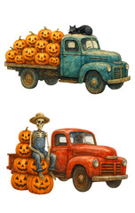 Vintage Trucks with Pumpkins and Halloween Characters Illustration Set