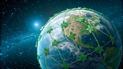 Fototapeta premium Earth displayed with green foliage and vines representing global connectivity in a cosmic background