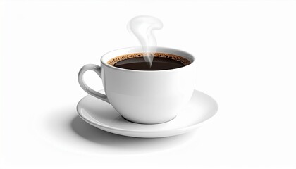 Obraz premium A simple white coffee cup with a hot espresso and saucer sits isolated on a bright background