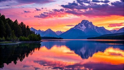Fototapeta premium Majestic sunset over mountain lake reflecting vibrant colors in the sky near Grand Teton National Park