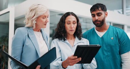 Tablet, doctor and people with internet, medical planning and cooperation with online report....