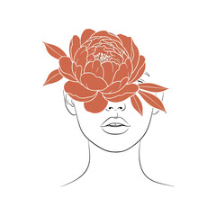 Minimalist line art woman face with blooming peony flower abstract beauty portrait vector