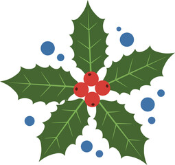 Christmas Holly Leaves and Berries with Snowflakes Flat Vector