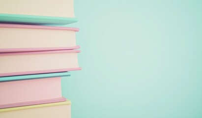 Stack of pastel-colored books on light blue background, minimalist aesthetic showcasing literary charm and soft color harmony for creative or educational themes