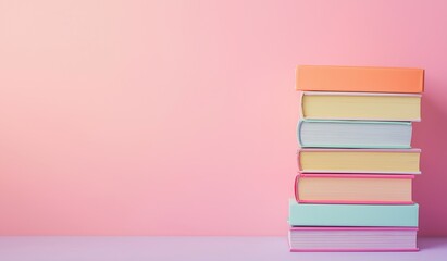 Stack of colorful books on pastel pink background with copy space for back-to-school concept showcasing vibrant academic inspiration and creative design