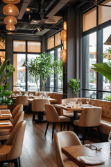 Fototapeta premium interior cafe restaurant with tropical plants natural wood furniture and bright sunlight through large glass window interior design wallpaper background