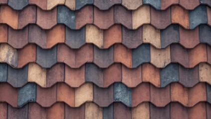 Close-up top-down view of interlocking terracotta roof tiles with varied colors and textures